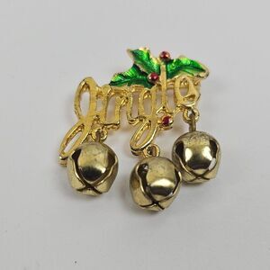 Vintage Jingle Bell Jingling Holly Berry Christmas Gold Tone Brooch Pin Enamel